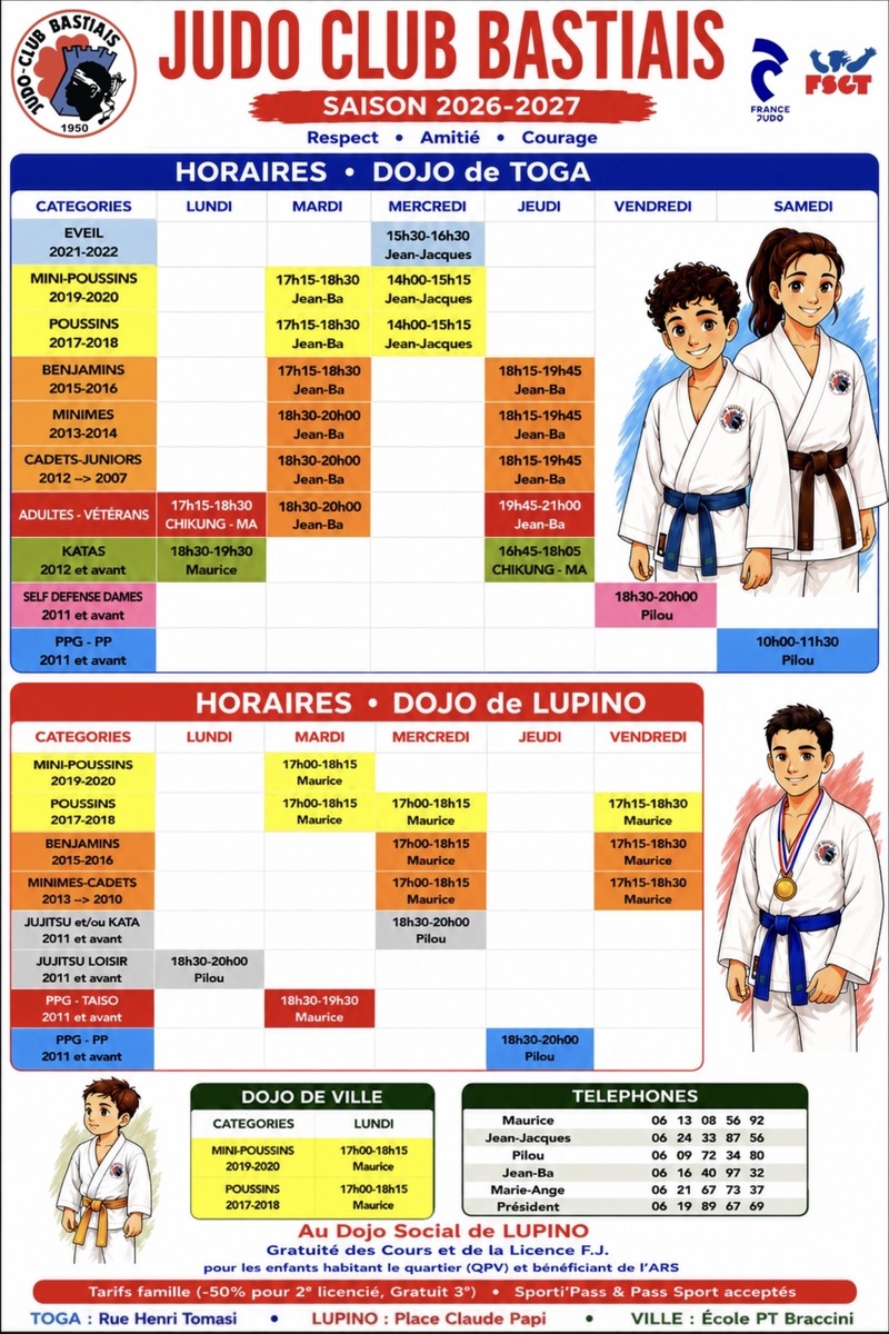 HORAIRES DE LA PROCHAINE SAISON :